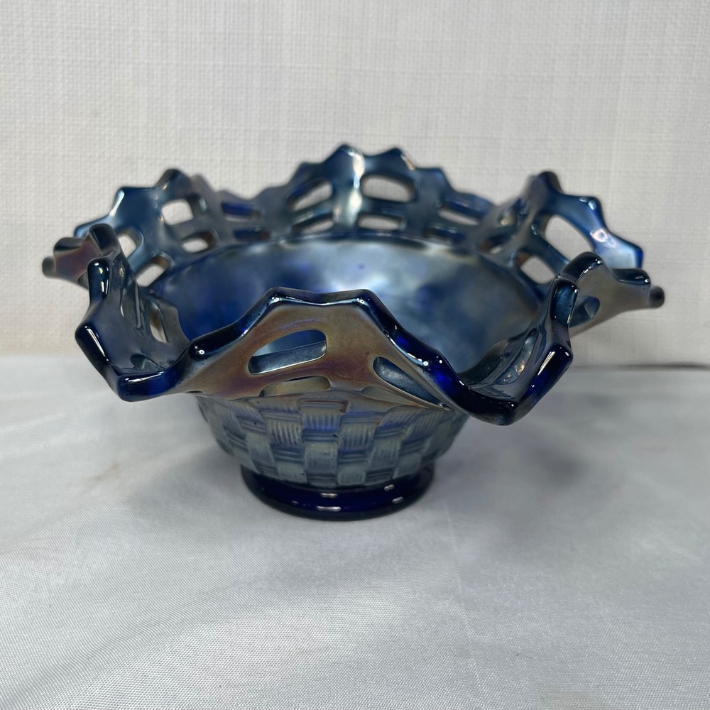 Vintage Fenton Cobalt Blue Carnival Glass Basketweave Open Edge Ruffled Bowl